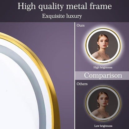 Gold Frame LED Round Mirror with Lights Smart Memory 3 Color Dimmable Anti-Fog 18 Inch Gold Framed Round Lighted Mirrors for Bathroom Wall Makeup Golden Circle Round Vanity Mirror with Light