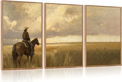Aurlan Western Cowboy Framed Wall Art(24"x36"), 3PCS Vintage Neutral Southwestern Horse Riding Canvas Artwork, Mid Century Modern Ranch Gobi Desert Landscape Decor for Man Cave Bedroom