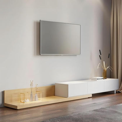homary Wood Extendable TV Stand Rectangle Entertainment Center with 3-Drawer & Shelf Media TV Console for Living Room Bedroom (White & Natural)