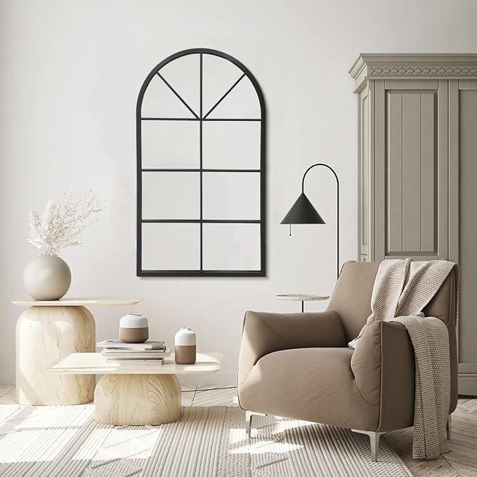 42"x 24" Arched Mirror, Window Wall Mirror, Vanity Mirrors, Metal Framed, Arched-Top Farmhouse Mirrors, Rustic Decorative Mirror (Black)
