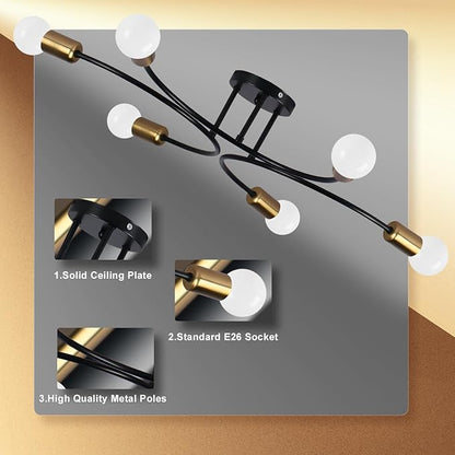 FRIXCHUR Modern Semi Flush Mount Ceiling Light Fixture 6-Lights Sputnik Chandelier Light Black and Gold Close to Ceiling Light Fixture for Living Room Bedroom Kitchen