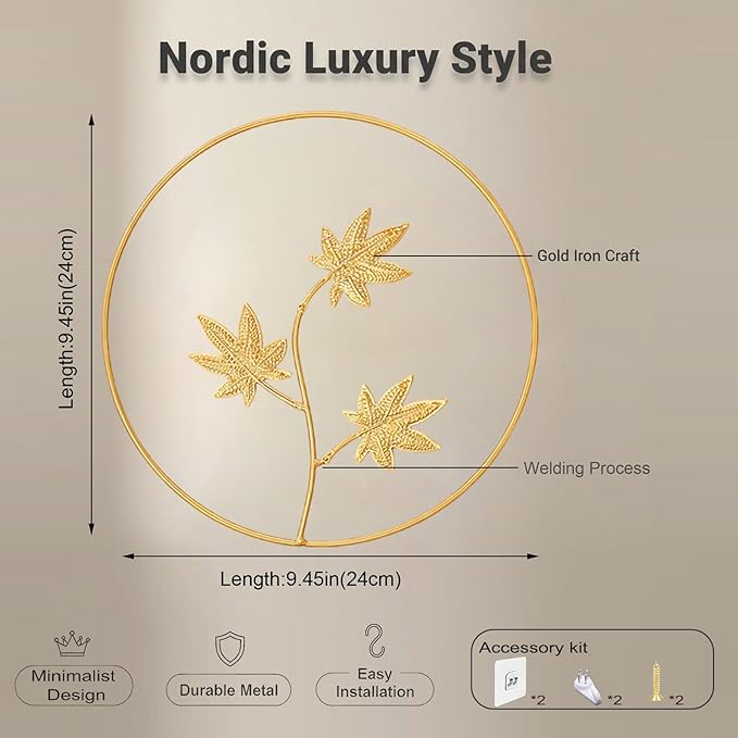 Goodangie00 2Pcs Metal Gold Maple Leaf Wall Art - 9.5" Handmade 3D Botanical Modern Tropical Silhouette Hanging Sculptures for Living Room Bathroom Bedroom Office, Boho Decor Gift