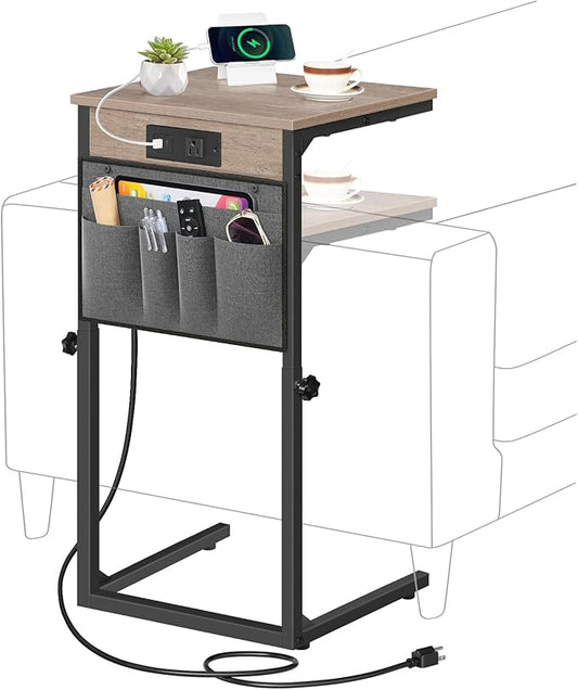 HOOBRO C Shaped End Table with Charging Station, 30” Adjustable Height Sofa Side Table with Storage Pocket, Slide Under Couch Table for Sofa Arm Tray, for Living Room, Bedroom, Greige BG77USF01