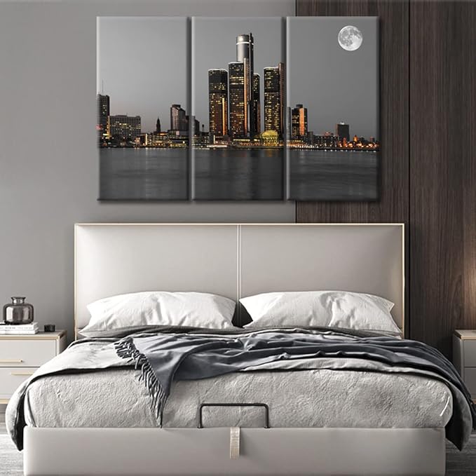 TUMOVO 3 Piece Detroit Michigan City Skyline Black and White Wall Art American Cityscape Nighttime Lightscape Pictures Wall Decor for Bedroom Framed Ready to Hang (42" Wx28 H)
