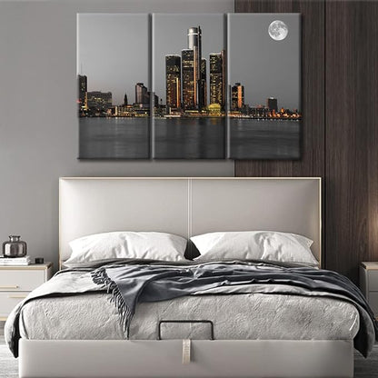 TUMOVO 3 Piece Detroit Michigan City Skyline Black and White Wall Art American Cityscape Nighttime Lightscape Pictures Wall Decor for Bedroom Framed Ready to Hang (42" Wx28 H)