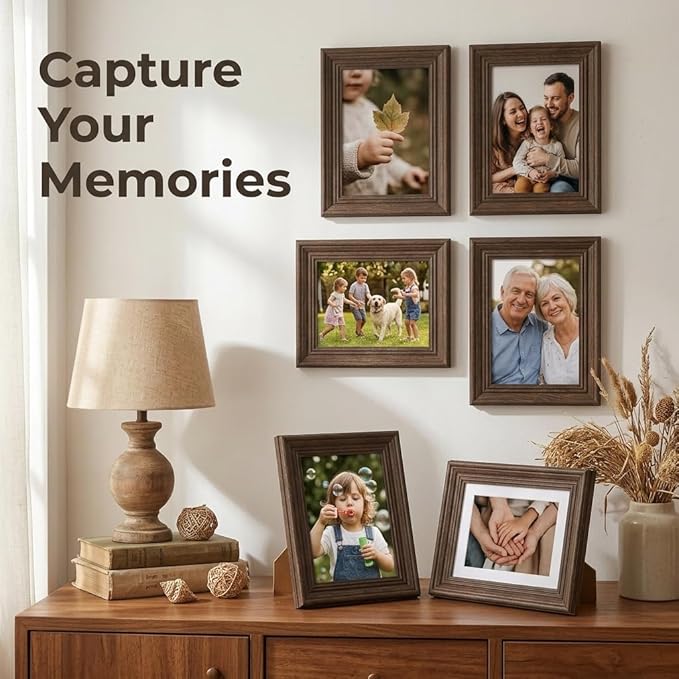 POZEAN 4x6 Picture Frame Set of 6, Picture Frames for Gallery Wall Decor Wood Grain Look, Shatterproof Lightweight Design, Wall Hanging & Tabletop Display with Mat for 3.5x5 Photos, Rustic Home Decor Living Room Bedroom Office