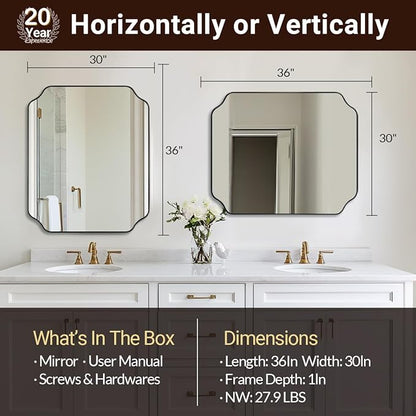ANDY STAR 30x36 Inch Bathroom Mirror, Matte Black Vanity Mirror, Modern Scalloped Mirror in Premium Stainless Steel Metal Thin Frame, Unique Rounded Notched Corners, Hangs Vertically or Horizontally