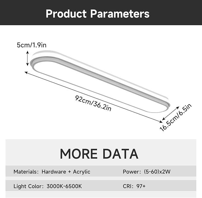 Smart LED Ceiling Light,36.2In Dimmable Modern Metal Linear LED Ceiling Lamp,Flush Mount Wraparound Shape Lighting Fixture with Remote Control for Kitchen Dining Room & Laundry 55W