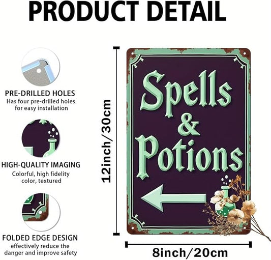 Spells & Potions Metal Tin Sign Vintage Halloween Decor Wall Hanging Wall Art Rustic Bathroom Kitchen Entryway Home Halloween Decorative Sign 8x12 Inch