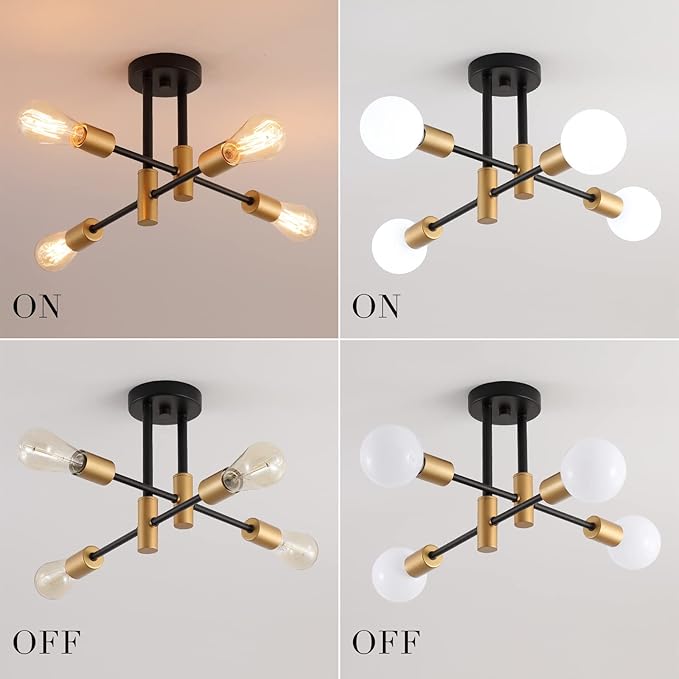 MEIXISUE Black and Gold Modern Sputnik Chandelier Ceiling Light Fixtures,4-Lights Mid Century Industrial Metal Semi Flush Mount Ceiling Lights for Bedroom Kitchen Hallway Entryway Office UL Listed
