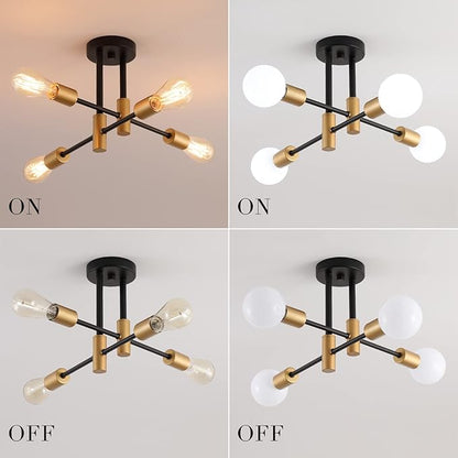 MEIXISUE Black and Gold Modern Sputnik Chandelier Ceiling Light Fixtures,4-Lights Mid Century Industrial Metal Semi Flush Mount Ceiling Lights for Bedroom Kitchen Hallway Entryway Office UL Listed
