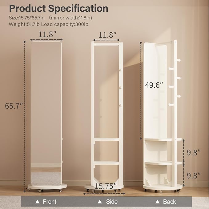 WoodsWhisper Full Length Mirror Coat Rack Solid Wood Floor Mirror 66"x12" Full Length Mirror with Stand Long Mirrors for Bedroom,Living Room (White-Mobile, 66" Lx12 W)