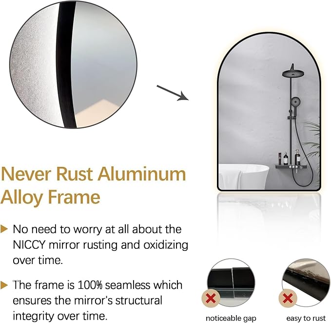 Niccy Arched LED Lighted Bathroom Mirror, 48x24 Inch Backlit Vanity Bathroom Mirror with Lights Brushed Black Framed Wall Mounted Mirrors with 3 Color Shatterproof Arch Smart Fog Free Mirror