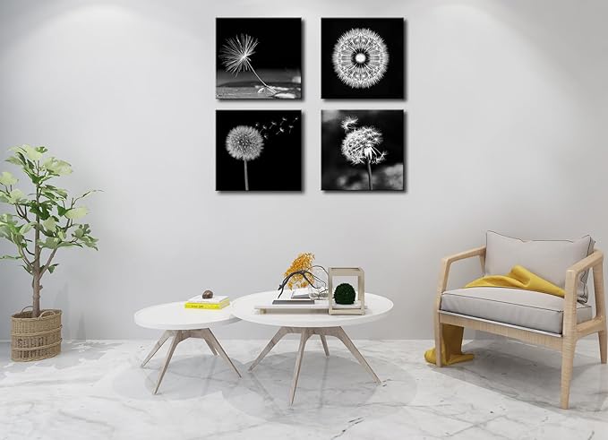 weiyiart Black and White Floral Wall Art, Dandelion Canvas Painting Prints Artwork, Rustic Minimalist Flower Botanical Pictures for Farmhouse Bathroom Bedroom Living Room Decor, 16x16x4pcs