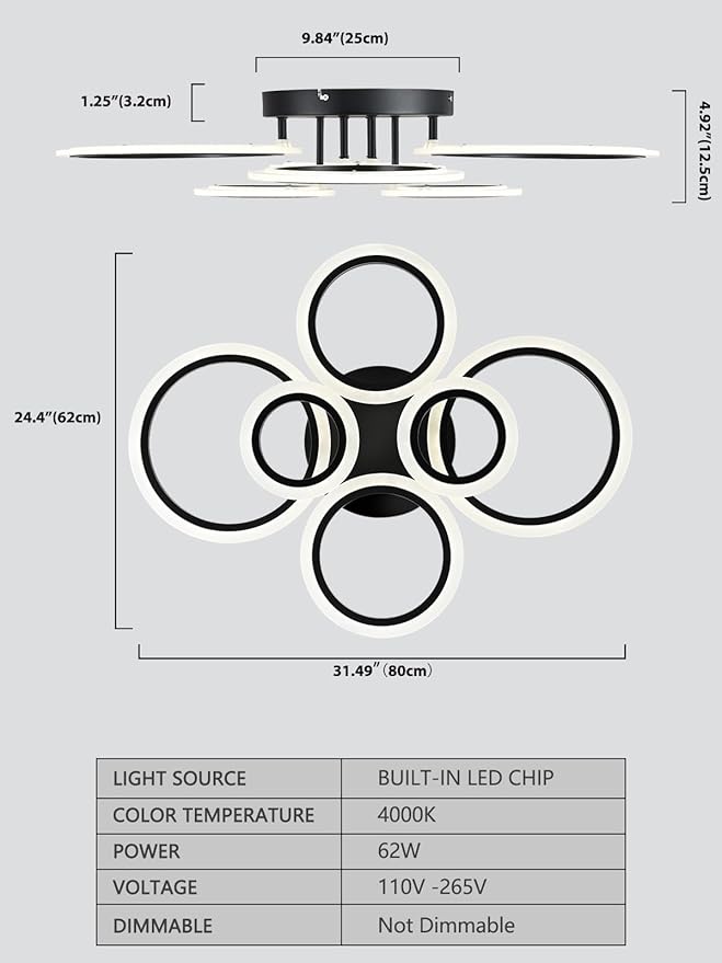 Modern LED Flush Mount Ceiling Light, 6 Rings Black Close to Ceiling Light Fixtures, Living Room Lighting Fixture Ceiling Lamp for Kitchen, Bedroom, Laundry Room, 4000K Not Dimmable