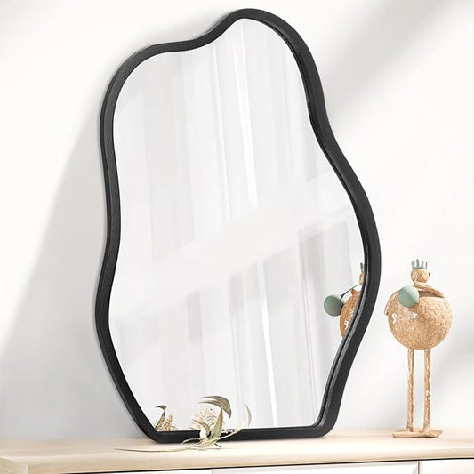 Wall Mirror Irregular Wavy Mirror Modern Wood Frame Mirror Unique Shape Asymmetrical Wall Vanity Artistic Mirror Decor for Living Room Bedroom Bathroom Entryway Hallway Black Large