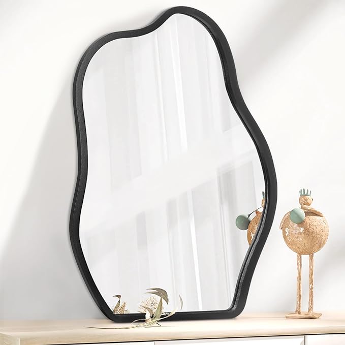 Irregular Mirror for Wall Decor Asymmetrical Wooden Framed Wall Mirror Modern Unique Shape Vanity Artistic Cloud Mirror Decorative for Living Room Bedroom Bathroom Entryway Black