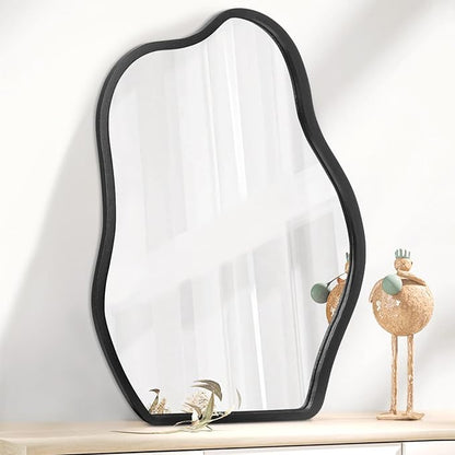 Asymmetrical Wall Mirror with Wood Frame Irregular Modern Hanging Mirror for Wall for Vanity Living Room Bedroom Bathroom Entryway Hallway Modern Unique Decorative Artistic Mirror