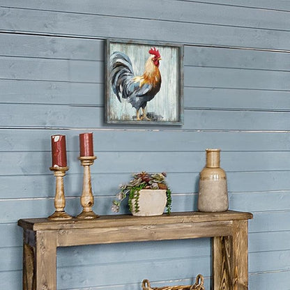 Rooster Wooden Wall Art Decor: Farm Cock Picture Country Animal Framed Artwork Rustic Farmhouse Chicken Painting is the Perfect Combination of Energy Nature for the Kitchen Bedroom 16"x16"