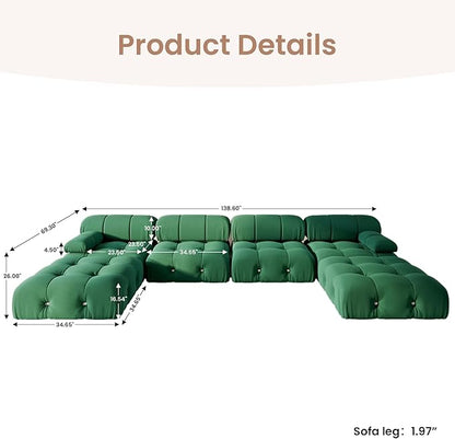 138'' Modular Green Sectional Couch, U-Shaped Velvet Sofa with Reversible Chaise Ottoman, Minimalist 6-Seat Bubble Sofa, Modern Cloud Sectional Couches for Living Room, Apartment (6 Seats,Green)