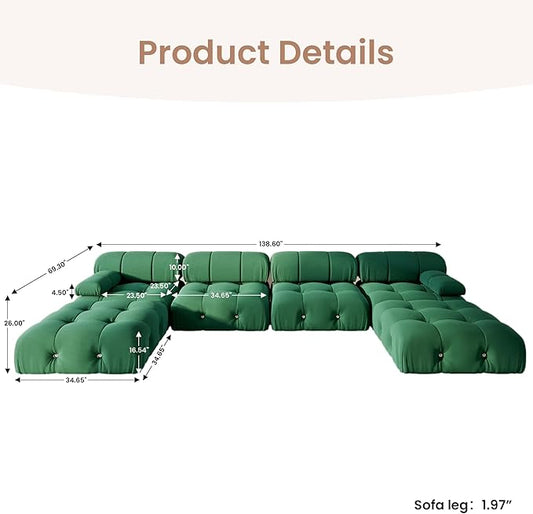 138'' Modular Green Sectional Couch, U-Shaped Velvet Sofa with Reversible Chaise Ottoman, Minimalist 6-Seat Bubble Sofa, Modern Cloud Sectional Couches for Living Room, Apartment (6 Seats,Green)