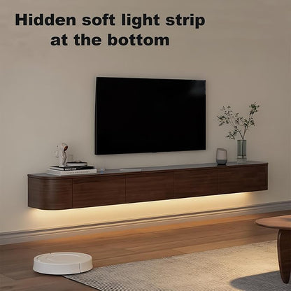 Floating TV Stand 79 Inch Wall Mounted TV Cabinet with LED Light Strip, TV Media Console with Flip-Down Door & Drawers for Living Room (Walnut, Light Strip 78.7")