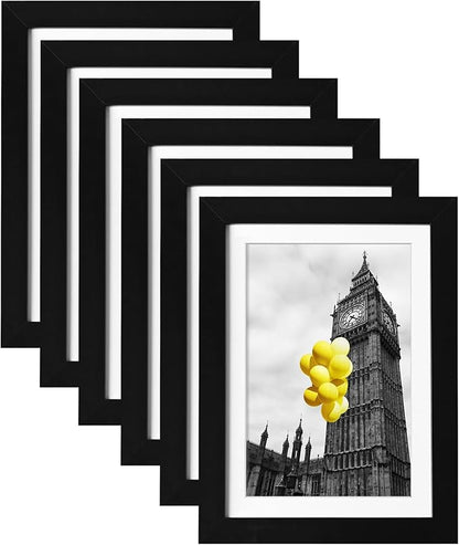5x7 Picture Frame Set of 6, Display 4x6 with Mat or 5x7 Without Mat, Photo Frames for Wall Mounting or Table Top Display,Collage Wall Decor Gallery Wall Frame Set,Black
