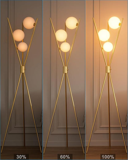 Lightdot Tripod Floor Lamp Stepless Dimmable Globe Modern Floor Lamp Gold Standing Lamps with 3PCS 3000K Bulbs Included Mid Century Modern Floor Lamps for Living Room/Bedroom/Sofa Beside/Corner Decor