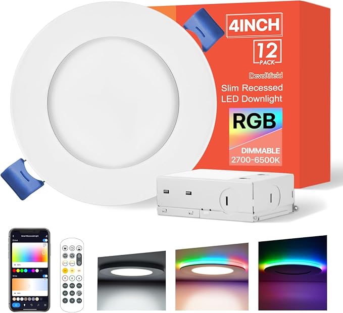 12Pack Smart RGB Recessed Lighting 4Inch,Ultra-Thin Canless LED Downlight,2.4GHz Wi-Fi Bluetooth, 2700K-6500K, 9W 2640lm,Work with Tuya App,Alexa,Google Assistant,Sync Music