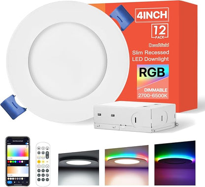 12Pack Smart RGB Recessed Lighting 4Inch,Ultra-Thin Canless LED Downlight,2.4GHz Wi-Fi Bluetooth, 2700K-6500K, 9W 2640lm,Work with Tuya App,Alexa,Google Assistant,Sync Music