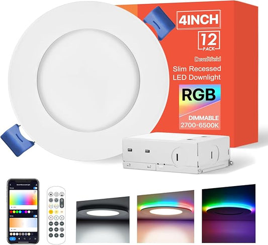 12Pack Smart RGB Recessed Lighting 4Inch,Ultra-Thin Canless LED Downlight,2.4GHz Wi-Fi Bluetooth, 2700K-6500K, 9W 2640lm,Work with Tuya App,Alexa,Google Assistant,Sync Music