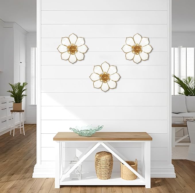 Metal Flowers Wall Decor White and Gold Wall Art Decorations Hanging Rustic Modern Floral Sculpture Single Wall Accent Artwork Indoor Outdoor for Bedroom Living Room Garden Patio Porch 10 Inch