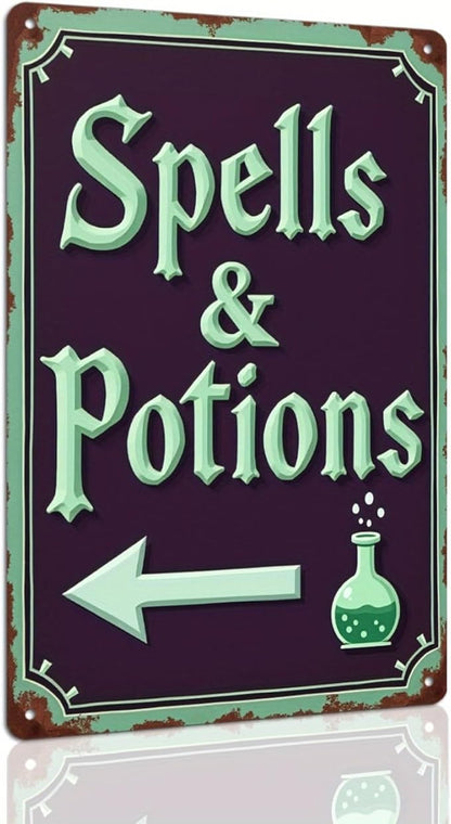 Spells & Potions Metal Tin Sign Vintage Halloween Decor Wall Hanging Wall Art Rustic Bathroom Kitchen Entryway Home Halloween Decorative Sign 8x12 Inch