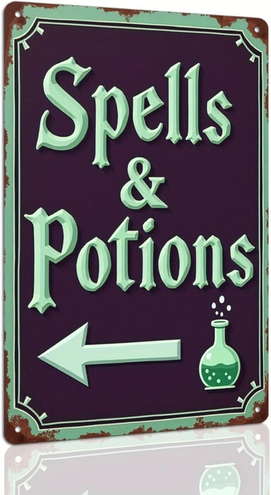 Spells & Potions Metal Tin Sign Vintage Halloween Decor Wall Hanging Wall Art Rustic Bathroom Kitchen Entryway Home Halloween Decorative Sign 8x12 Inch