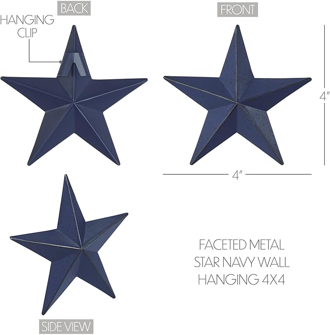 VHC Brands Patriotic Faceted Metal Star Navy Wall Hanging 4x4, Independence Day Decor, American Star Design, Distressed Appearance Metal Wall Hanging