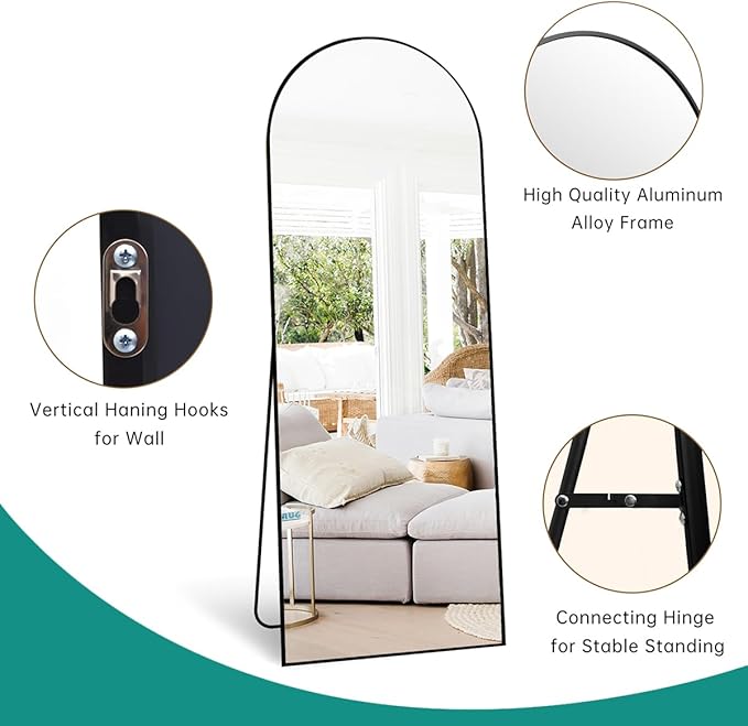 64''x21'' Arched Full Length Mirror with Stand, Full Body Mirror, Mirrors Full Length Floor Freestanding, Wall Mounted Mirrors for Bedroom Living Room Cloakroom (Black)