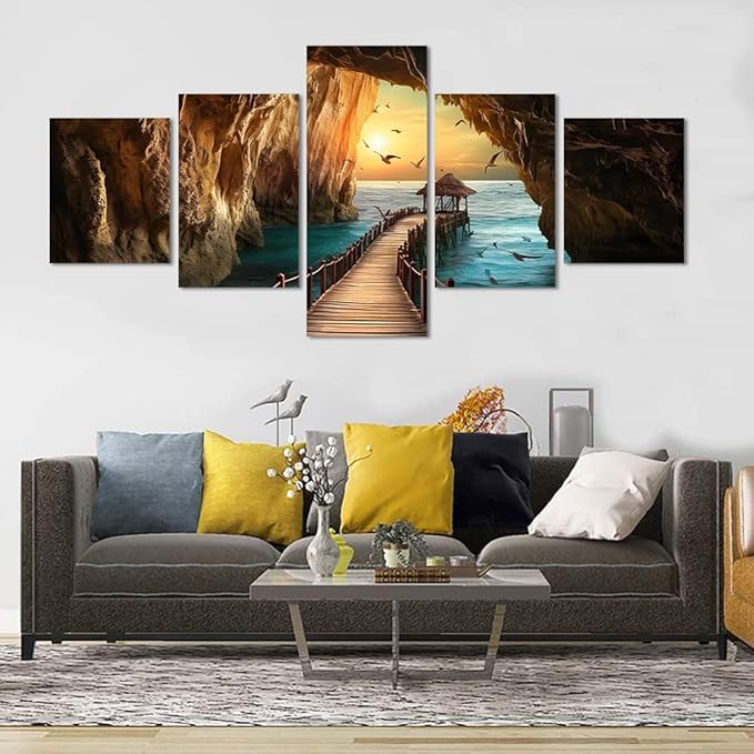Yatsen Bridge 5 Piece Ocean Sunset Canvas Wall Art Seascape Pictures Seagulls Rock Landscape Home Decor for Living room Bedroom Wall Decoration Framed Ready to Hang - 60''W x 32''H