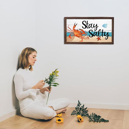 Crab Decor, Coastal Wall Decoration, Decorative Wooden Signs and Plaques, Wood Decorations for Home or Beach House, Seaside Cottage Decors, Wooden Framed Wall Decor, Stay Salty Sign 15×7.5×0.3 inches