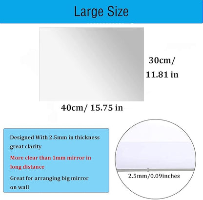 16"x12" Acrylic Mirror Sheet, Flexible Non Glass Body Mirror Tiles Large Self Adhesive Mirror Stickers for Bathroom Bedroom Home Wall Decor (2pcs)