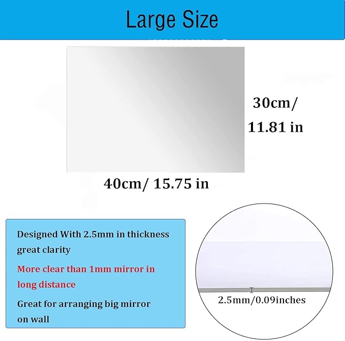 16"x12" Acrylic Mirror Sheet, Flexible Non Glass Body Mirror Tiles Large Self Adhesive Mirror Stickers for Bathroom Bedroom Home Wall Decor (1pc)