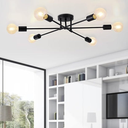 6-Light Sputnik Chandeliers, Black Modern Semi Flush Mount Ceiling Light with E26 Base, Mid Century Industrial Vintage Kitchen Farmhouse Light Fixtures for Dining Room Bedroom Living Room