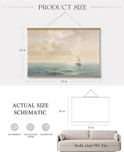 ARPEOTCY Extra Large Vintage Framed Wall Art, 36x54 Inch Ocean Coastal Sailboat Seascape Hanging Canvas Prints Scroll Wall Art Decor for Living Room Bedroom, Retro Scenery Pictures Above of Bed