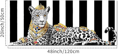 KREATIVE ARTS Luxury Leopard Wall Art 20x48 Inch Framed Canvas Glam Animal Print Jungle Decor Black and White Striped Background Modern Artwork for Bedroom Living Room Office Ready to Hang