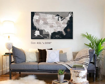 Office Wall Art Living Room Canvas Paintings Vintage Wall Decor Large US Map with Pins Bedroom Dining Room Kitchen Decor Obsidian Blue Inspirational Art for Men