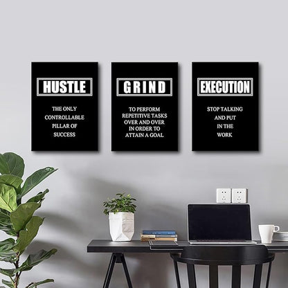 Hustle Grind Execution Inspirational Quotes Poster Motivational Wall Art Decoration Painting 3 Pieces Canvas Print Framed Stretched Artwork Modern Office Home Decor Ready to Hang [36''W X 16''H]