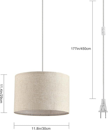 2 Pack Plug in Pendant Light, Hanging Light with 15Ft Clear Cord, On/Off Switch, Beige Linen Fabric Lamp Shade, Hanging Light Fixture for Bedroom, Kitchen, Living Room, Dining Table