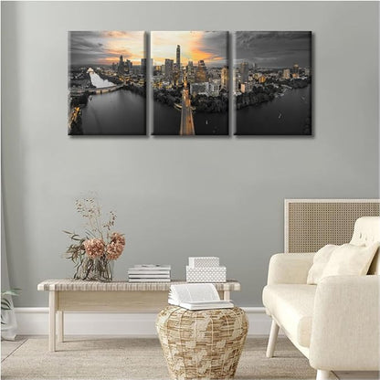 TUMOVO Austin Texas Skyline with Sunset Canvas Wall Art City Skyline Posters and Prints Bathroom Decor Wall Art 3 Panel Print on Canvas Stretched and Framed Ready to Hang (36" Wx16 H)
