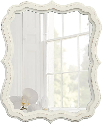 Rustic White Small Scalloped Wall Mirror 12" x 15", Mirror Wall Decor, Decorative Wall Mounted Mirrors, Bathroom Mirrors for Vanity, Distressed Finish Vintage Wall Mirror for Living Room