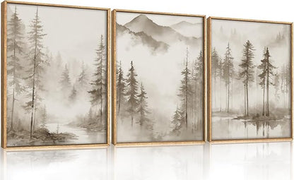 HPNIUB Foggy Mountain Forest Framed Wall Art Set,Abstract Misty Woodland Wall Decor,Neutral Pine Tree Farmhouse Art Print,Modern Nature Landscape Artwork for Living Room, Bedroom,Office-12 x16 x3