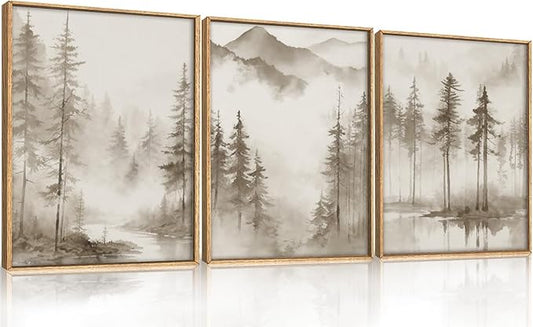 HPNIUB Foggy Mountain Forest Framed Wall Art Set,Abstract Misty Woodland Wall Decor,Neutral Pine Tree Farmhouse Art Print,Modern Nature Landscape Artwork for Living Room, Bedroom,Office-12 x16 x3